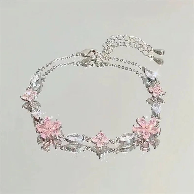 Elegant Crystal Flowers Bracelet For Women Y2K Sweet Girls Moon Cherry Blossom Bow Zircon Bracelets Luxury Designer Jewelry Gift