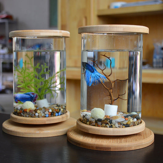 Small Office Glass Aquarium Bamboo Base Mini Fish Tank Decoration Fish Bowl