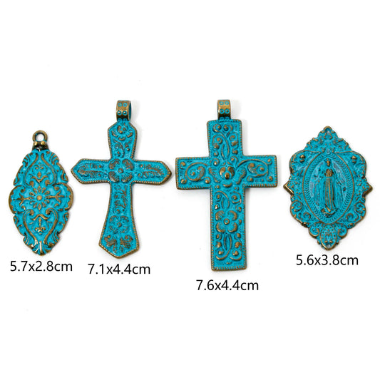 2pcs Religious Pendants Antique Bronze Blue Cross Virgin Mary Carved Pattern Patina Charms For DIY Necklace Jewelry 7.6cmx4.4cm