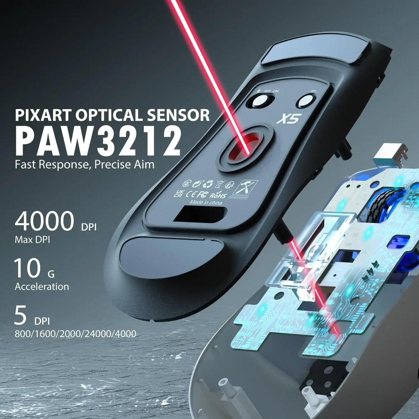 ATTACK SHARK X5 Tri-Mode Wireless Rechargeable Gaming Mouse, 49g Lightweight PAW3212 Optical Sensor GB LED Honeycomb Mouse