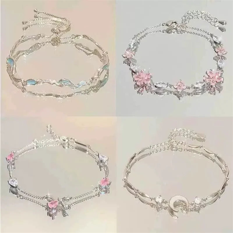 Elegant Crystal Flowers Bracelet For Women Y2K Sweet Girls Moon Cherry Blossom Bow Zircon Bracelets Luxury Designer Jewelry Gift