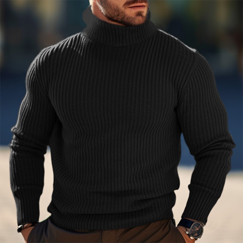 Autumn And Winter Turtleneck Solid Color Striped Sweater Men